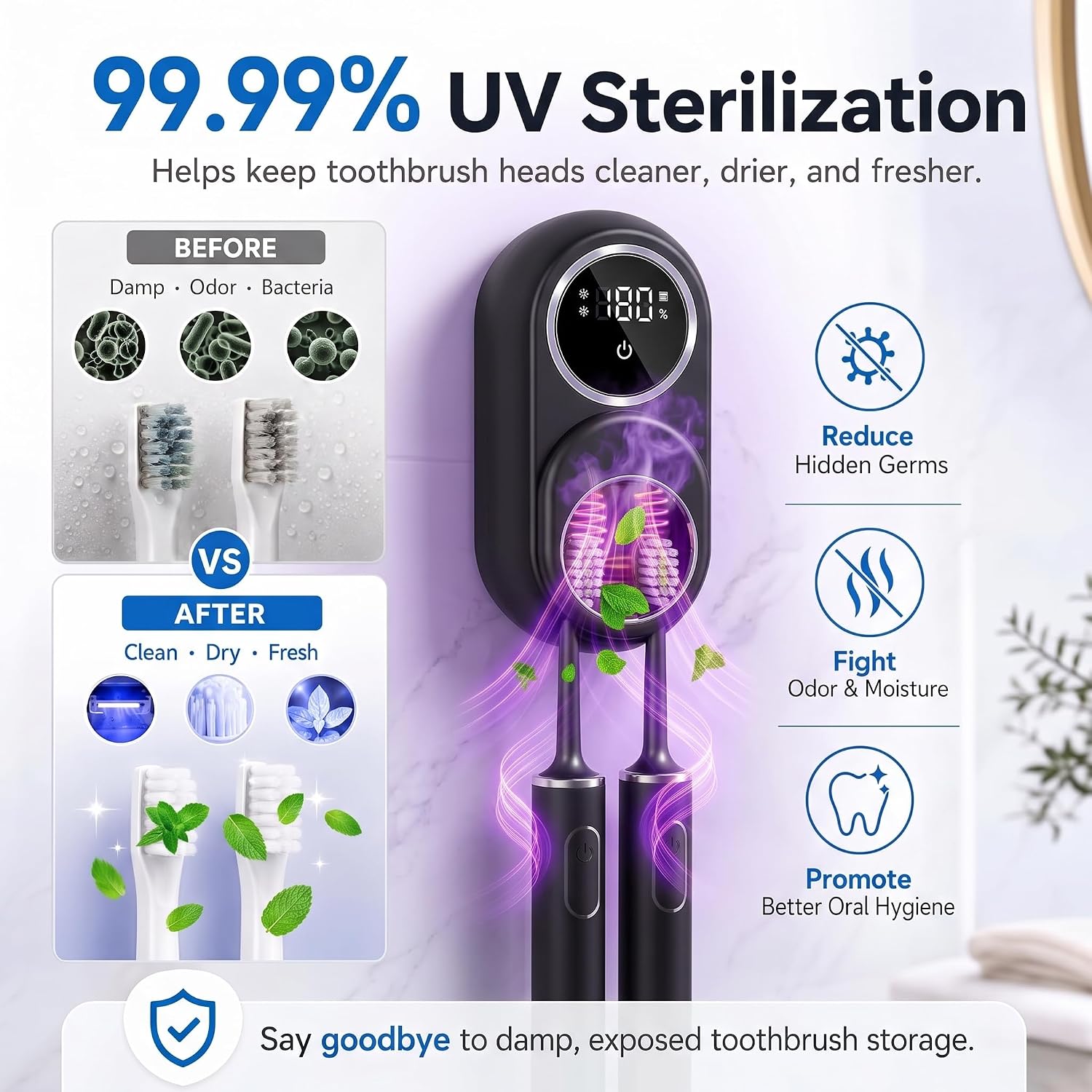 Wall Mounted Toothbrush Holder, Toothbrush Covers with 2 Toothbrush Slots, Portable Cleaning Box for Electric and Manual Toothbrushes, Inductance Cleaner Case Without Drilling (Black)