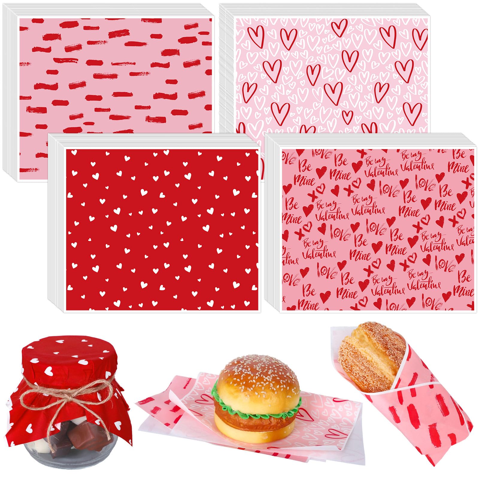JarThenaAMS 240 Sheet Valentine's Day Wax Paper 4 Styles Red Pink Heart Food Wrapping Tissue Paper Love Be Mine Deli Paper Basket Liners for Home