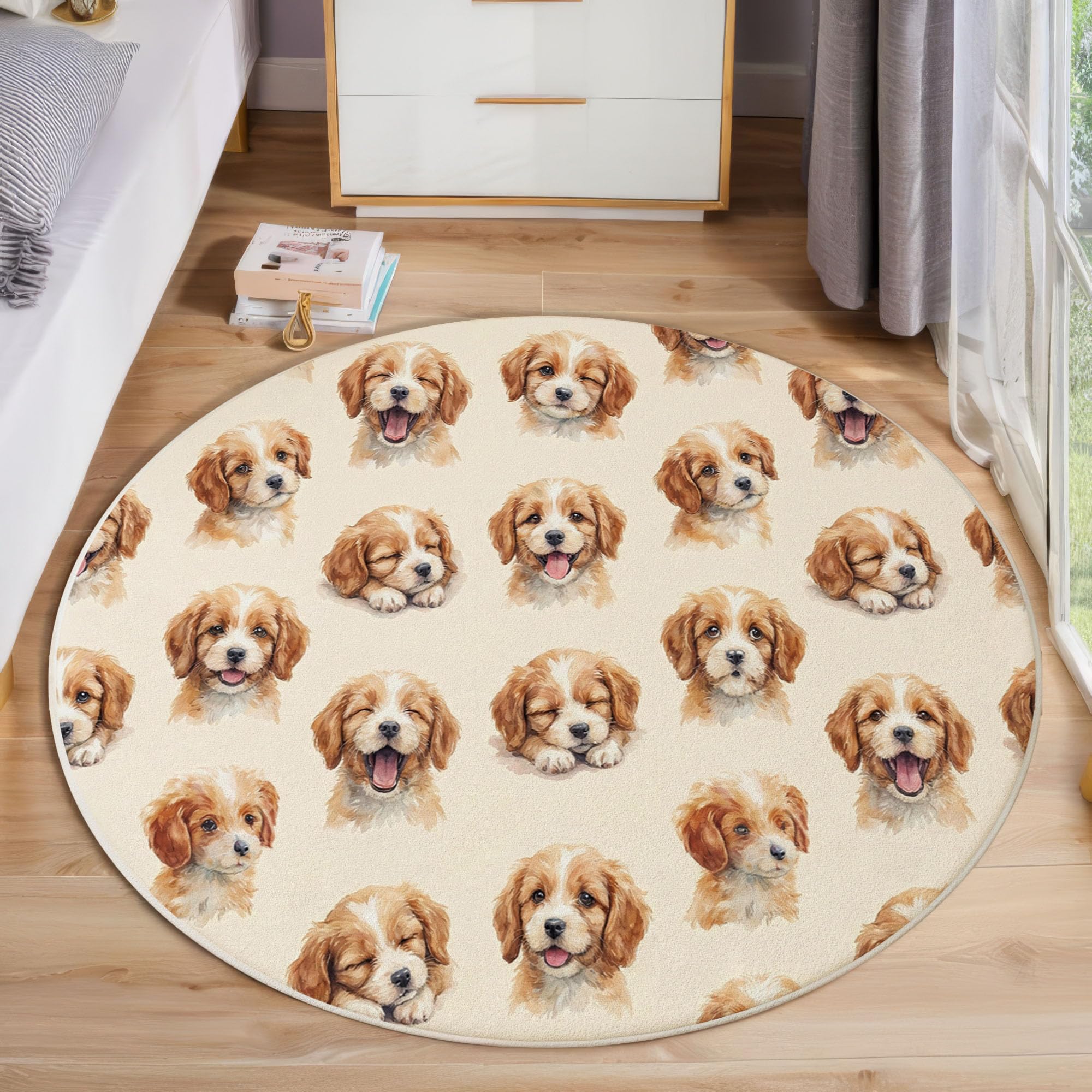 Tapis illustration aquarelle d'un chiot beige lavable pour chambre bébé