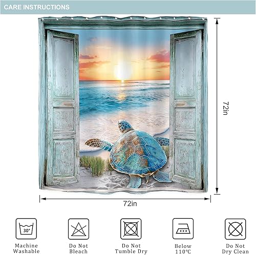 Miniatura 4 de Riyidecor Cortina de ducha de tortuga de playa para decoración de baño, 72 pulgadas de ancho x 72 pulgadas de alto, puerta de granero verde azulado,