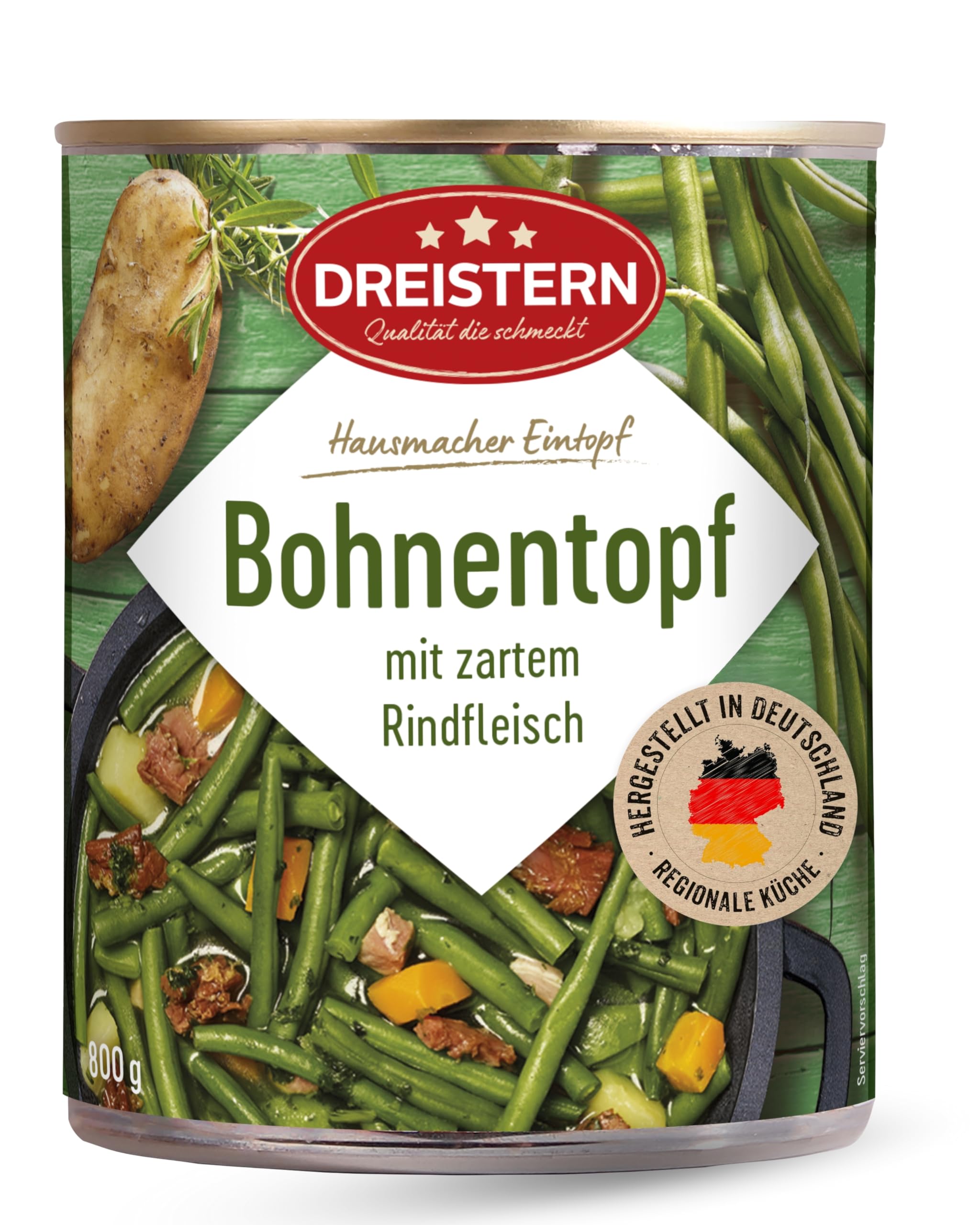 DREISTERN Bohnentopf 800g I Mit zartem Rindfleisch & Gemüse I Herzhafter Eintopf in recyclebarer Konservendose I Lange Haltbarkeit dank natürlicher Konservierung I Hausmacher Qualität