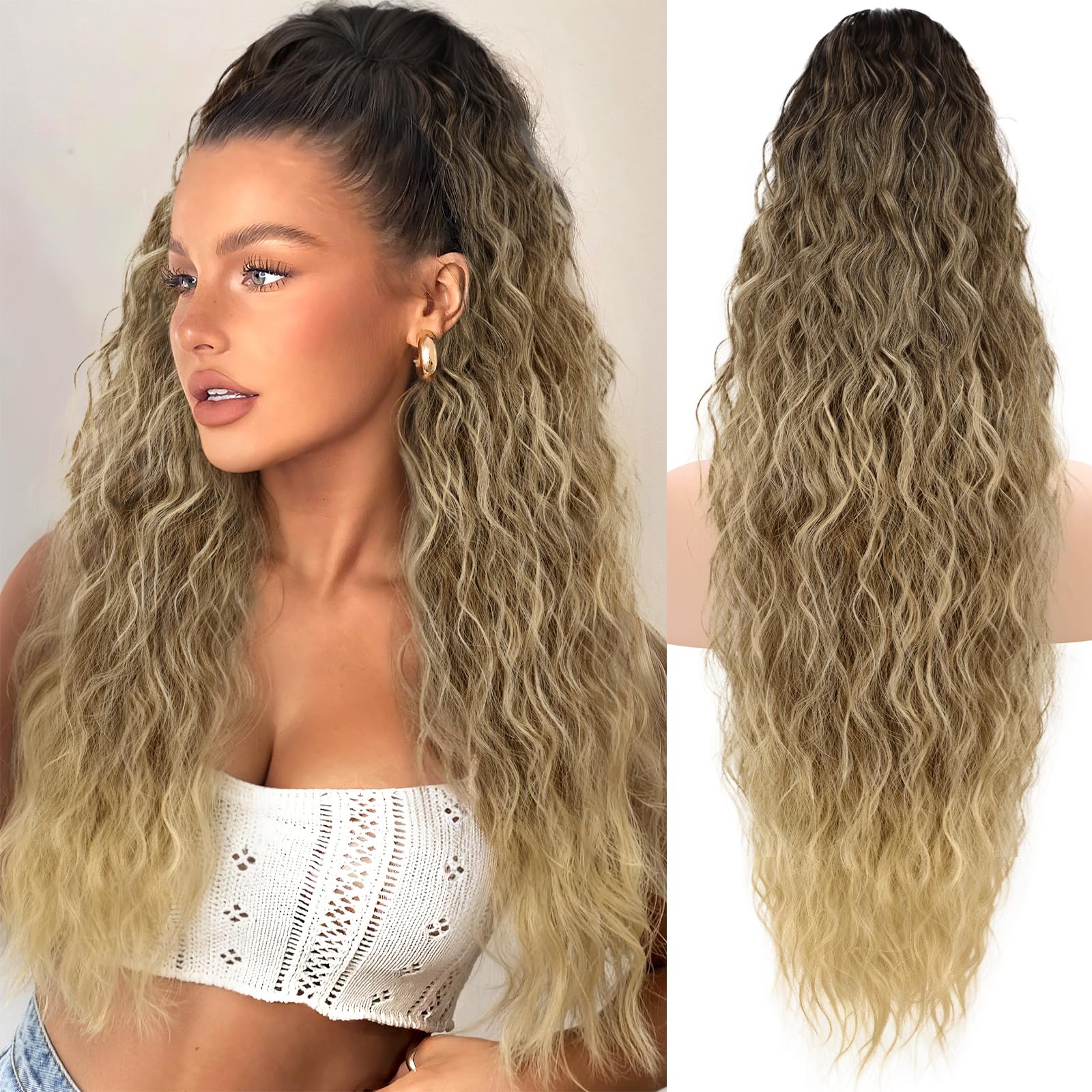 KooKaStyle Ponytail Extension 30 Inch Drawstring Pony Tails Hair Extensions for Women Long Curly Ponytail Synthetic Hairpieces for Daily Use（ Ombre