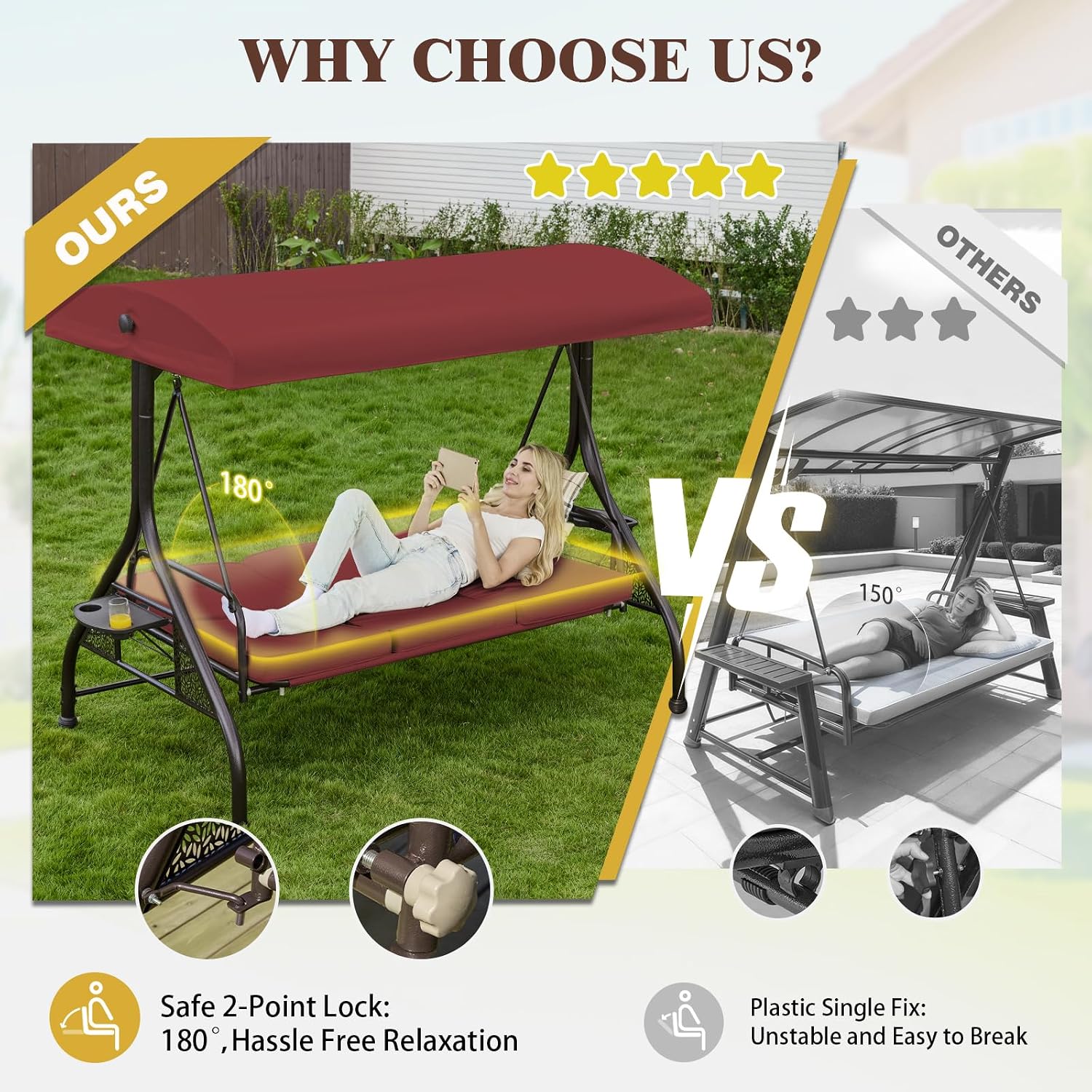 3 Seat Outdoor Patio Porch Swing with Stand and Adjustable Canopy | 3 in 1 Chair Swing Bed, 180° Recline, Heavy Duty, Removable Waterproof Cushions, Pillows, Cup Holders, Yard Swing Bench image 2