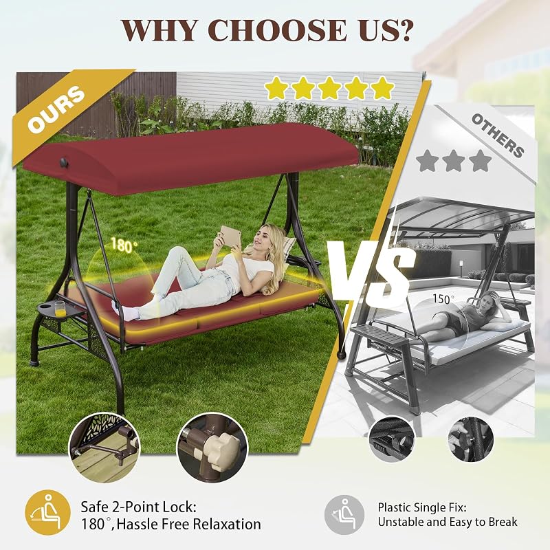 Oungelark 3 Seat Outdoor Patio Porch Swing with Stand and Adjustable Canopy image 2