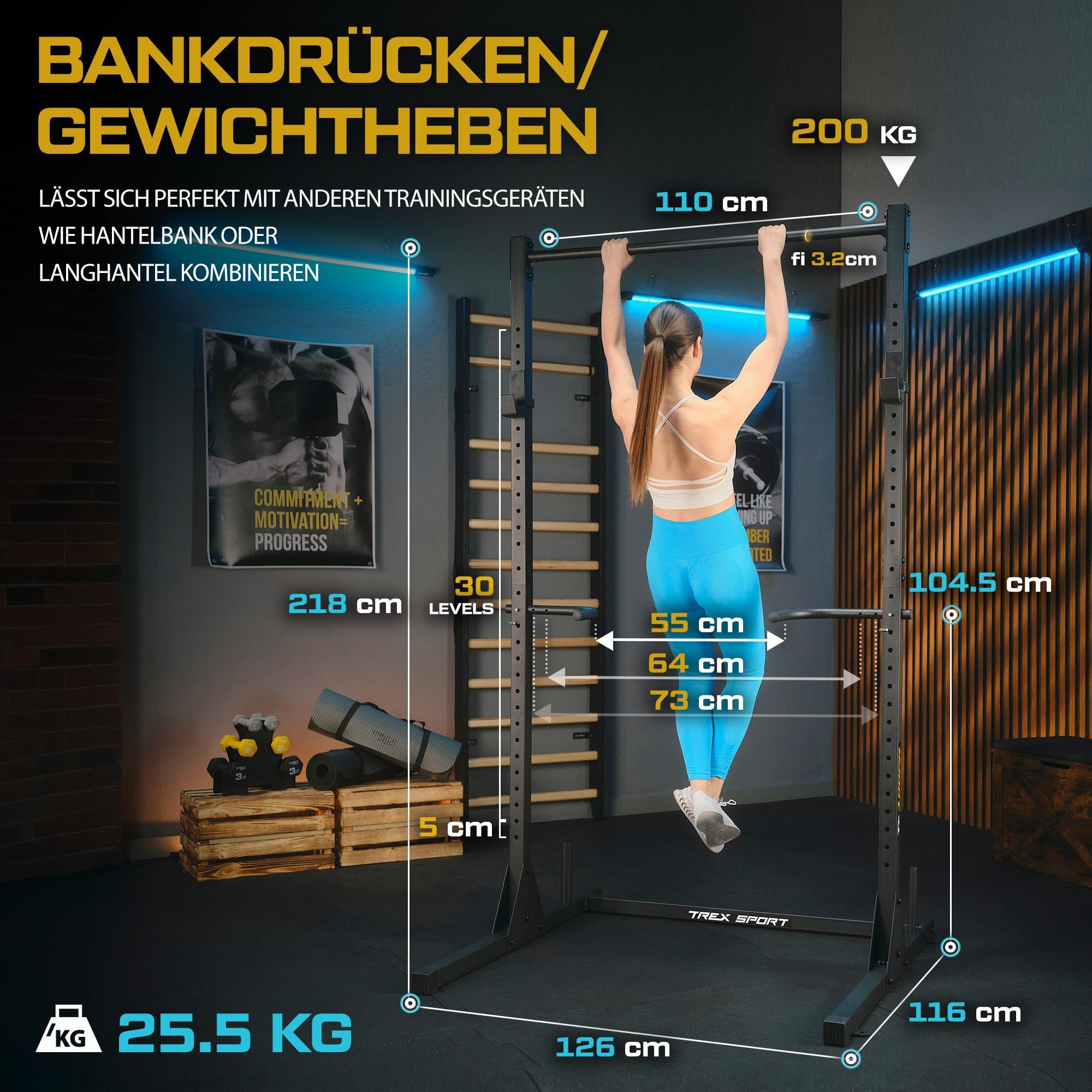 TREX SPORT Power Tower Dip Station freistehend Kraftturm bis 300kg TX-100PR | Multifunktionale Klimmzugstange aus Stahl, mit Langhantelablagen, Schwarz