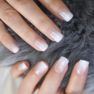 White Plastic False Nails Kit - Short Square Press On Nails - Gradient Transparent - Includes Mini File, Nail Sticker, Cuticle Stick