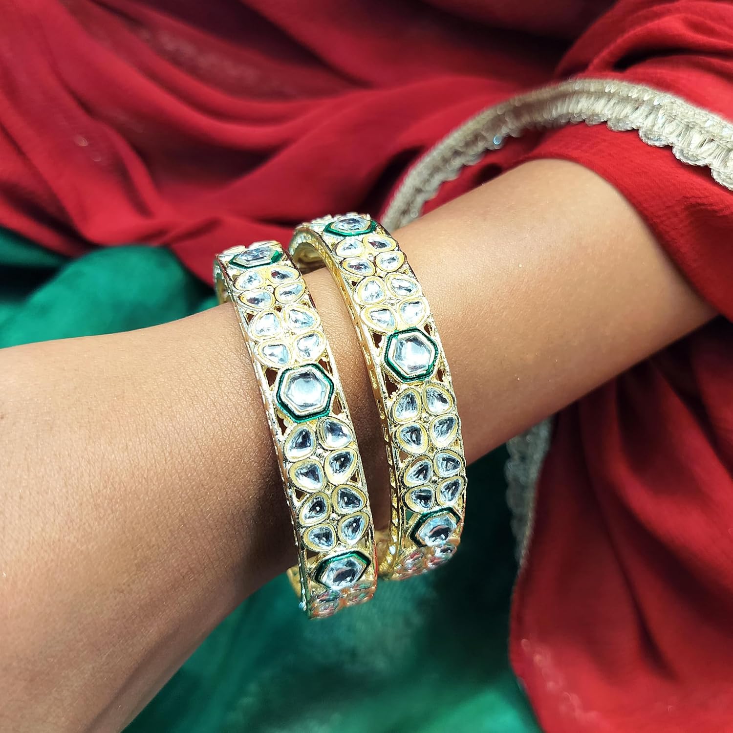 Efulgenz Indian Bangles for Women Faux Kundan Bangles Bracelet Set Indian Jewelry Bollywood Fashion Statement Jewelry for Women (2Pcs) - Image 4