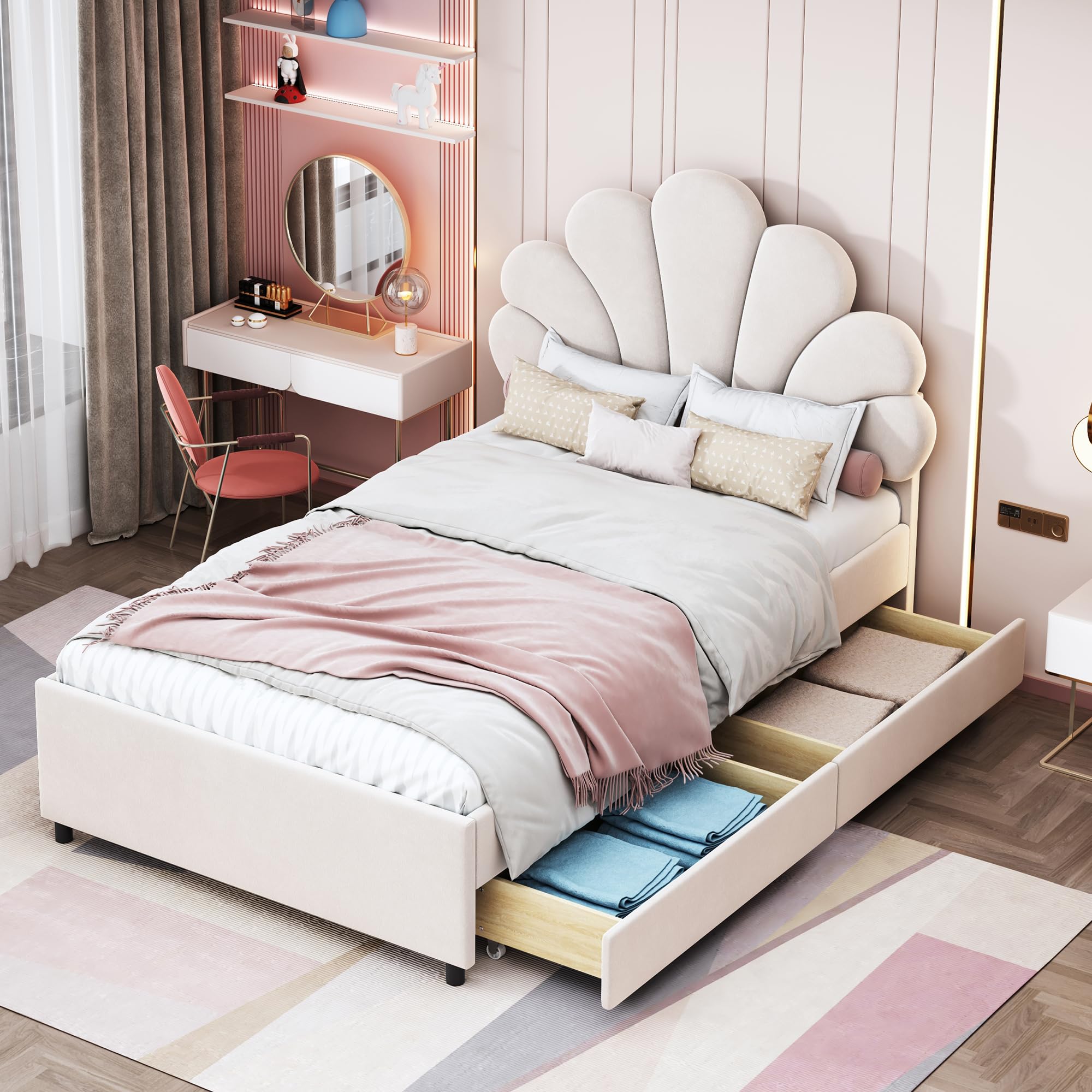 Dolamaní Jugendbett Mädchen Bett 90x200 cm, Höhenverstellbarem Kopfteil-geblümtem, Lattenrost Holz, 2 Schubladen mit Rollen, Polsterbett Sam Beige