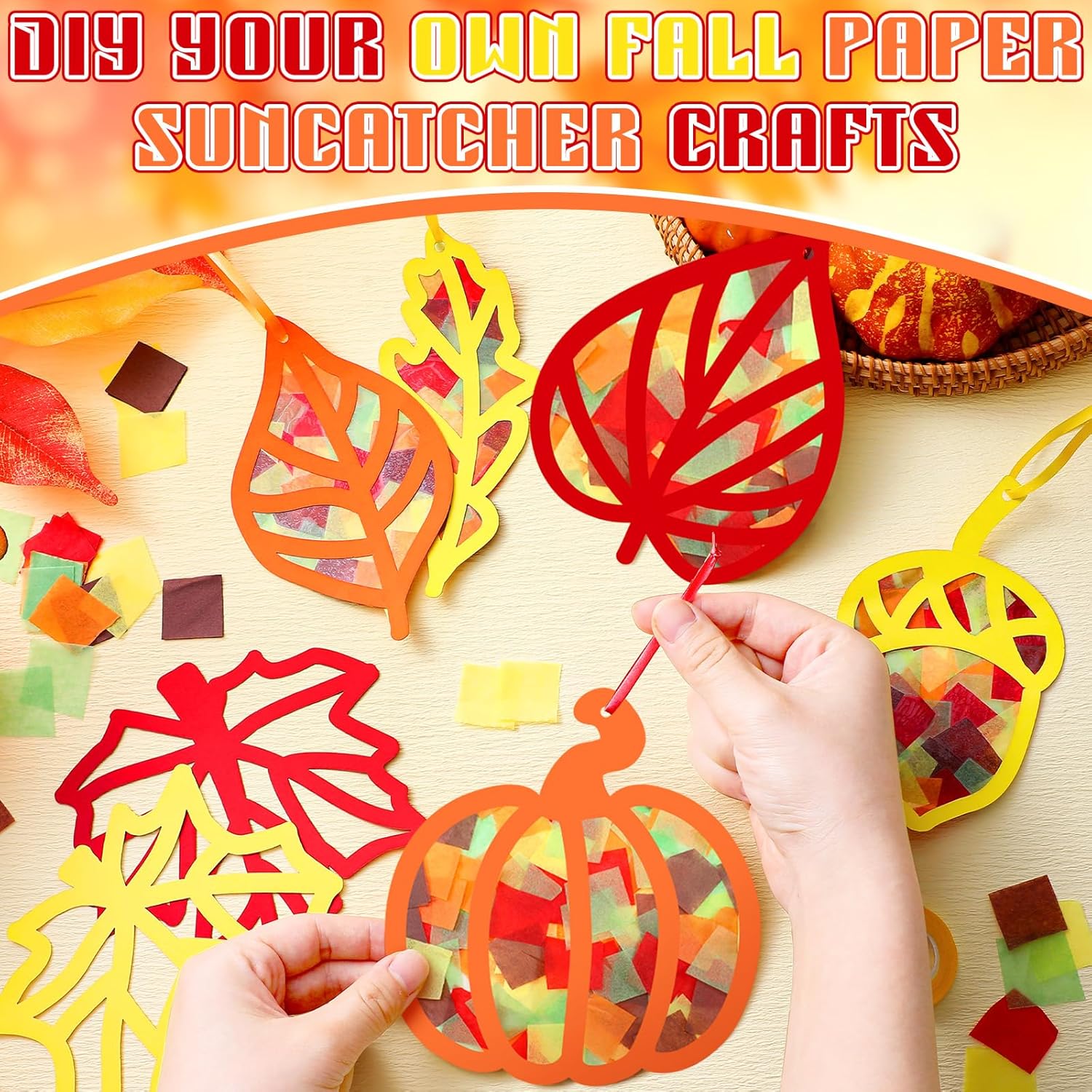Marsui 36 Sets Thanksgiving Suncatchers Crafts for Adult Thanksgiving Maple Leaf Pumpkin Acorn Suncatchers Autumn DIY Tissue Paper Craft for Fall Home Activities Party