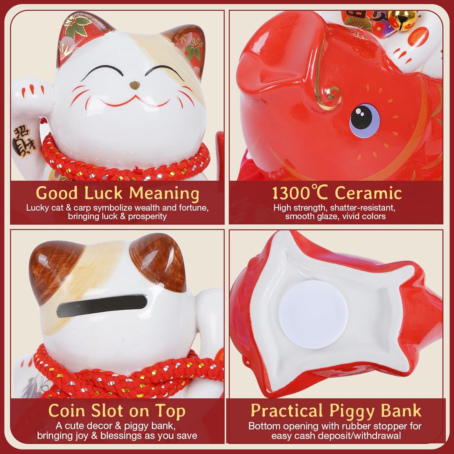 Ceramic Lucky Cat Fish Figurine Piggy Bank 7.3 Inch,Good Lucky Fortune Cat Maneki Neko Chinese Cat Statue Coin Bank,Feng Shui Decorations for Home, Office, Shop, Entryway,Hotel,Desk,Business