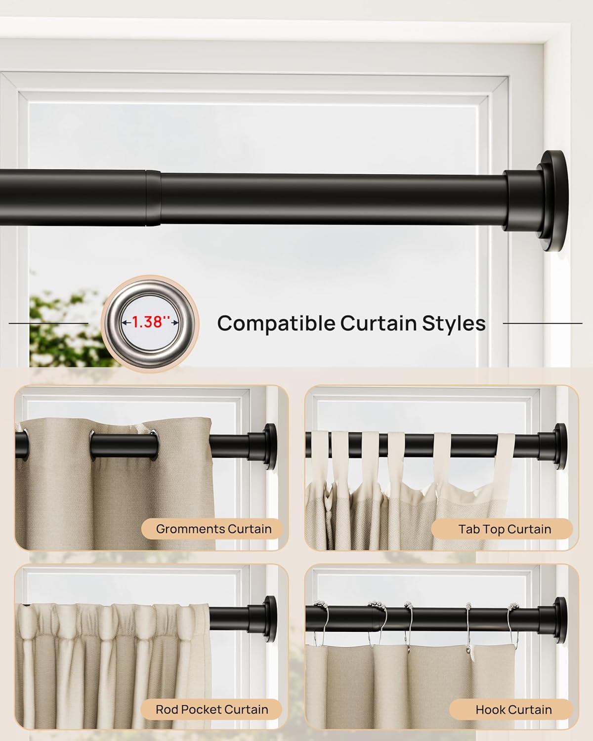 No-Twist Shower Curtain Rod by EZFurni, 42–82 Inch Heavy Duty Tension Rod with Lock-In Stability, No Drill, Spring-Loaded Non-Slip Secure Hold for Bathroom, Window, Closet, 1.26'' Diameter, Black