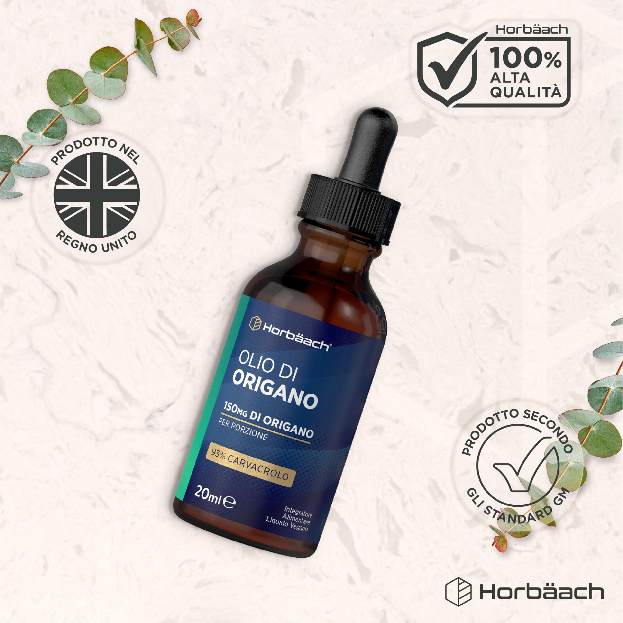 Olio di Origano Gocce | 100% Puro | Alto dosaggio di Carvacrolo | 20 ml | Vegano | Horbaach