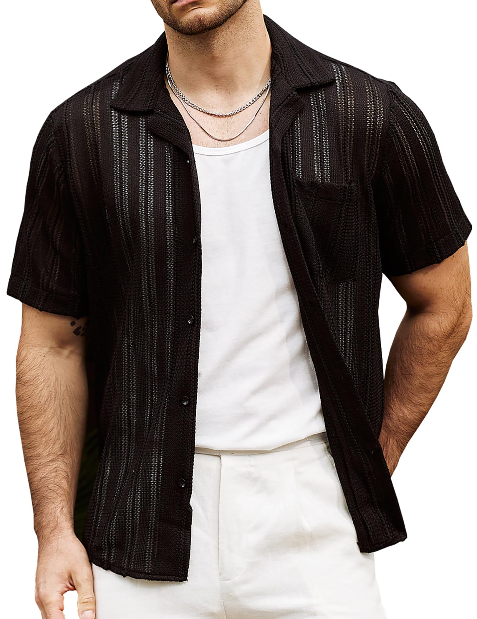 VATPAVE Mens Summer Lace Shirts See Through Sheer Shirts Casual Short Sleeve Button Down Beach Shirts