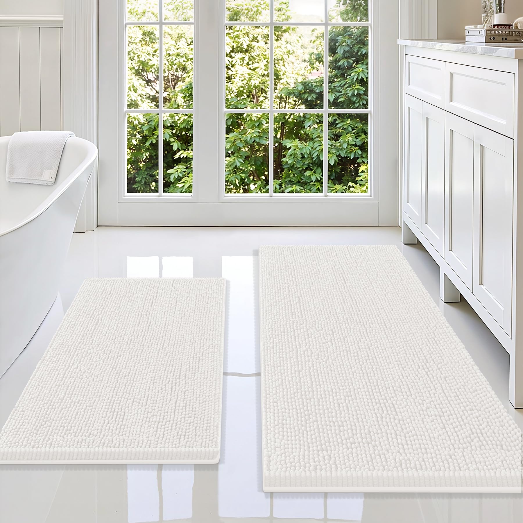 Smiry Chenille Bathroom Rugs Sets 2 Piece (47x20+30x20, Ivory)