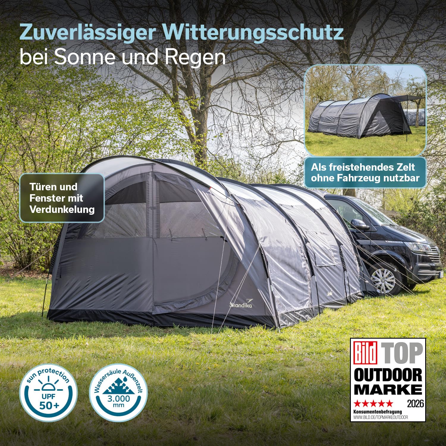 Skandika Esbjerg Travel 4 Protect namiot przedsionek autobusowy, wolnostojący, dla 2 lub 4 osób, wszyta podłoga namiotu, wysokość stania 210 cm, 2 sypialnie, słup wody 3000 mm, wodoodporny, namiot