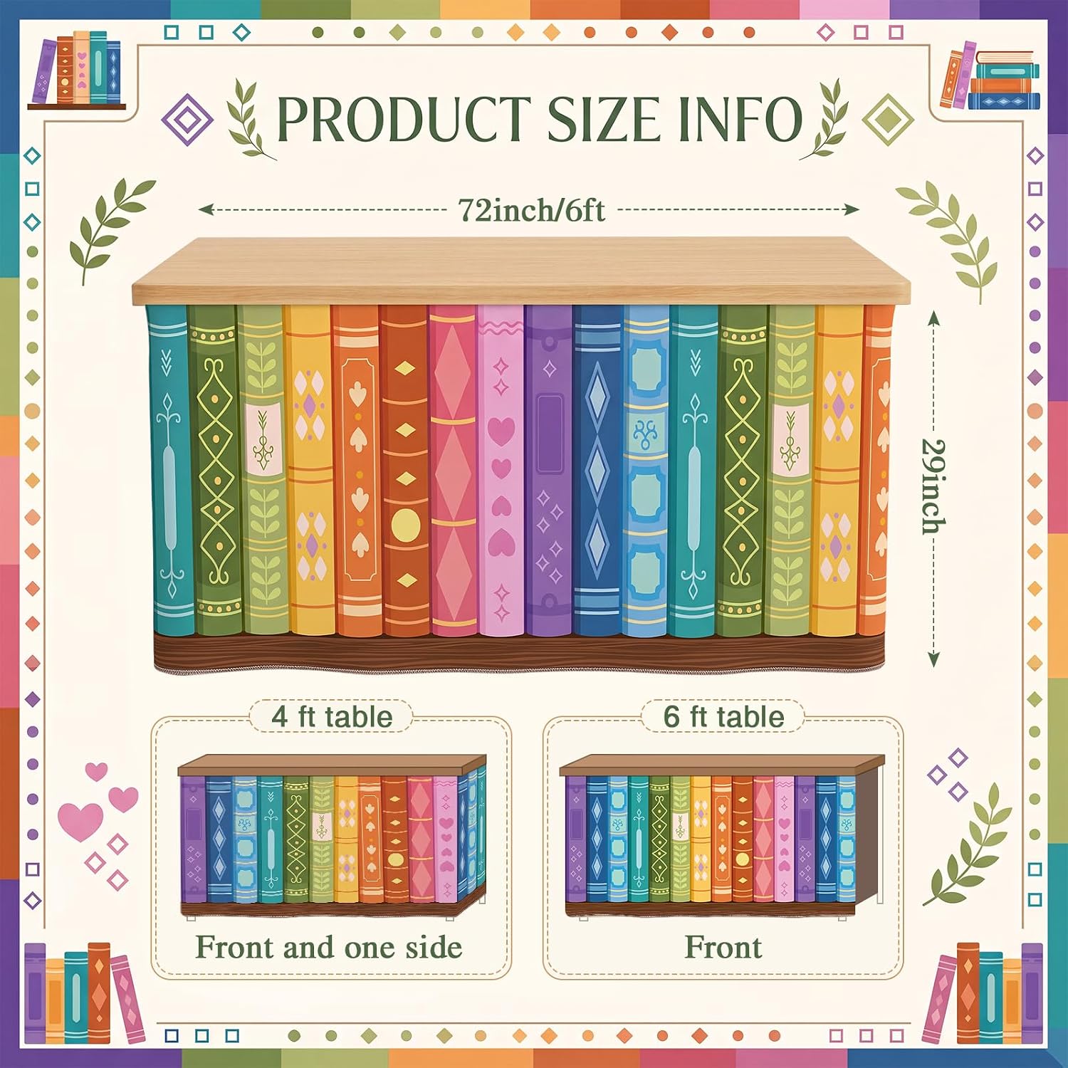 Fanfanwin 6 ft Rainbow Table Skirt for Teacher Colorful Bookshelf Desk Skirt Skirts for Classroom Rectangular Tablecloth for Back to School Decor Office Bookcase Cabinet Supplies