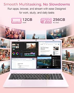 15.6 Pink Laptop, 12GB RAM 256GB SSD, Pentium 6500Y up to 3.4GHz | FHD IPS Laptop for Students and Business, USB 3.2 USB-C, HDMI, WiFi, Neumeric Keypad