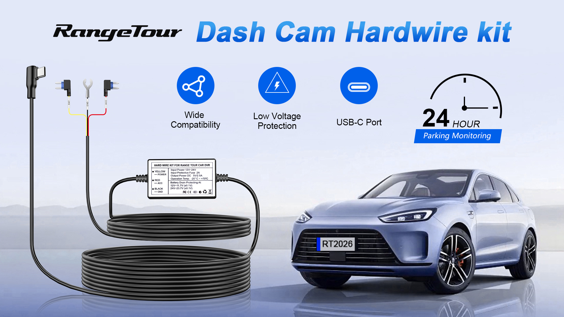 Dash Cam Auto LEIBOCHAO Kit Cablaggio USB-C, Dash Cam Hardwire Kit, 3,5 ...