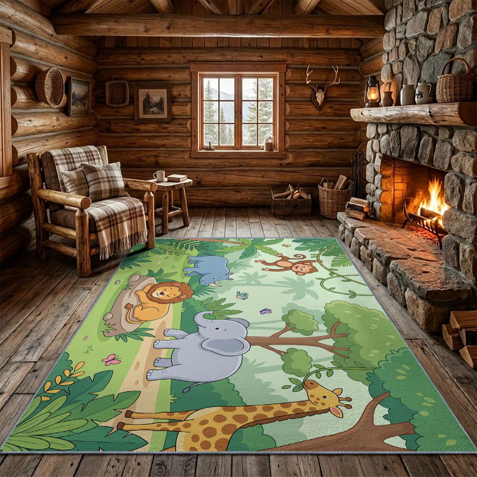 Tapis Salon Cartoon, Moquette Lavable en Machine, 90 x 120 cm | Animal Lion Éléphant Tapis avec Dessous Antidérapant, Tapise Décoratif pour Chambre, Cuisine, Entrée et Maison,Vert