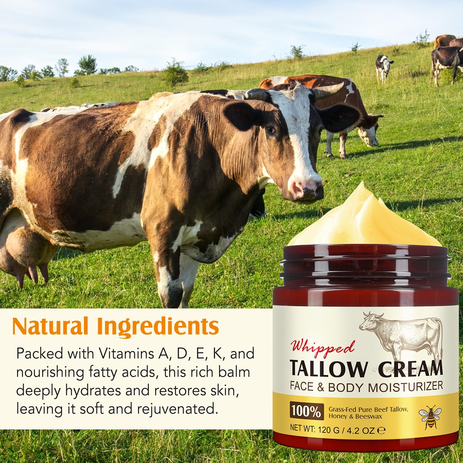 Beef Tallow Honey Balm Beef Tallow Skin Care, łój wołowy do skóry, łój wołowy, balsam miodowy, balsam z ubitego łoju wołowego i miodu, krem Tallow nawilżający i przeciwstarzeniowy (1 szt.)