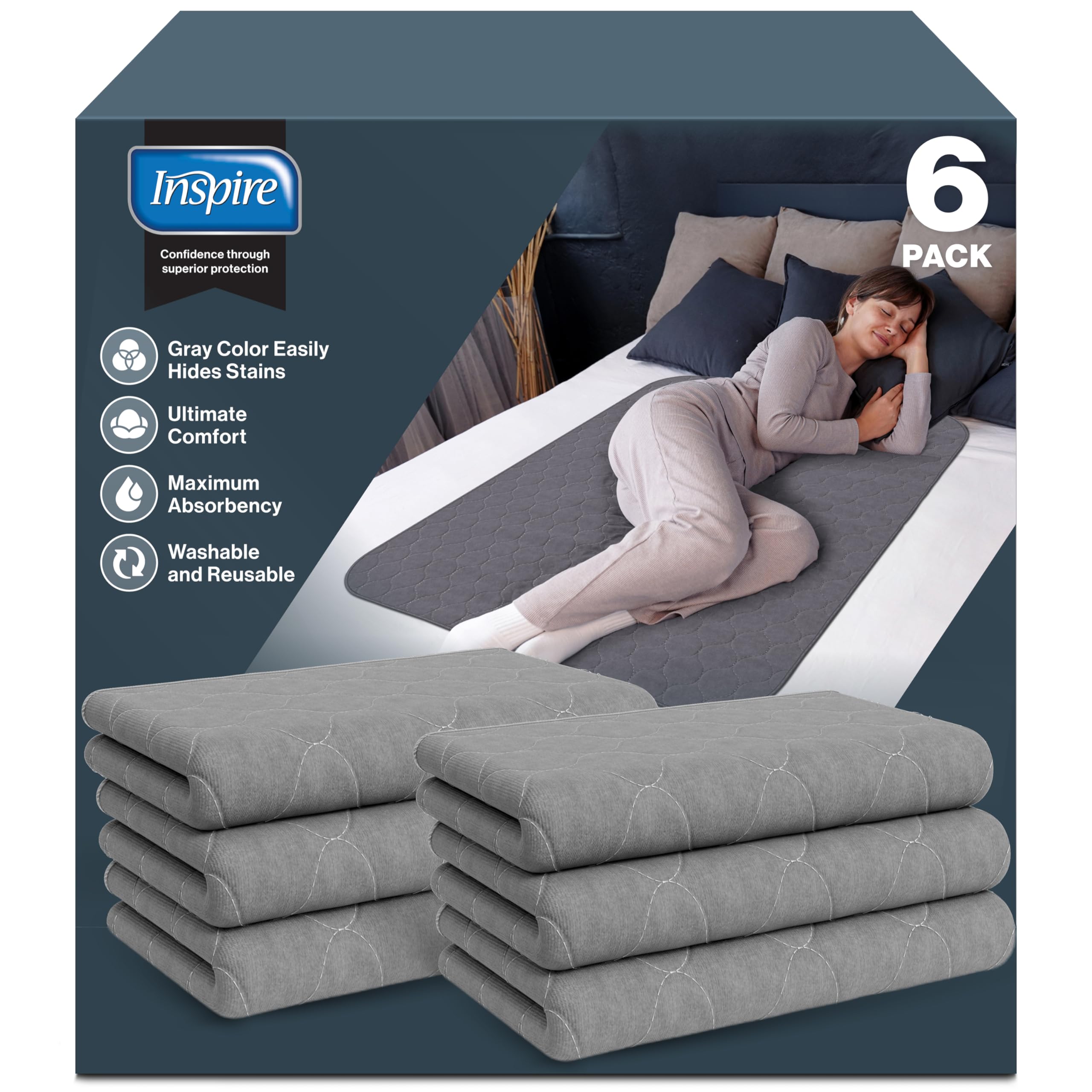 Inspire Underpads | Stain Hiding Gray Reusable Incontinence Bed Pads | Waterproof Mattress Pad | for Adults Babies and Dogs (34 X 36 - 6 Pack)