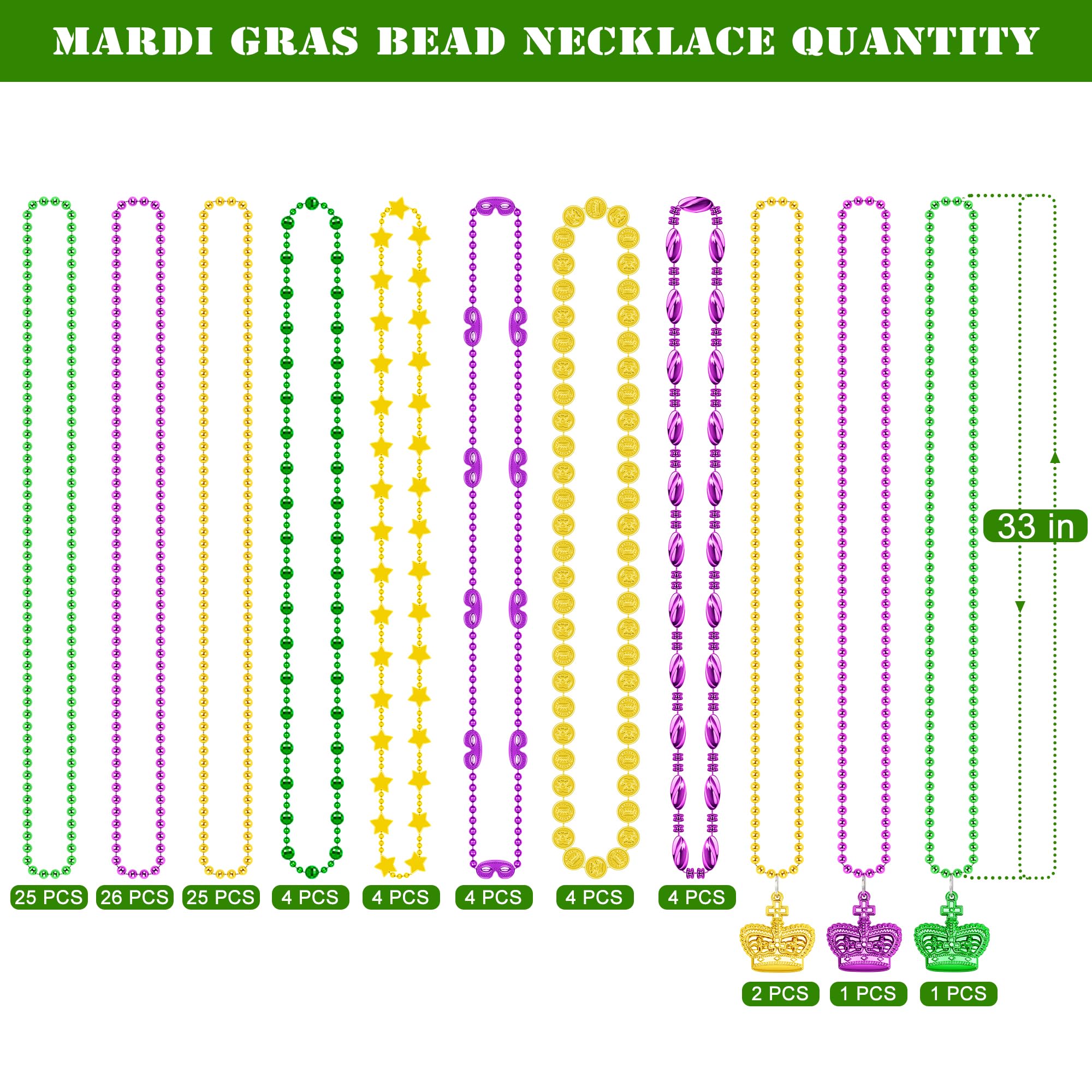 100PCS Mardi Gras Accessories, 11 Kinds Mardi Gras Beads Coins Mask Shape Necklace, Metallic Green Purple Gold Beads Parade Throw Costumes, Festival Carnivals Celebration Events Party Throws Supplies