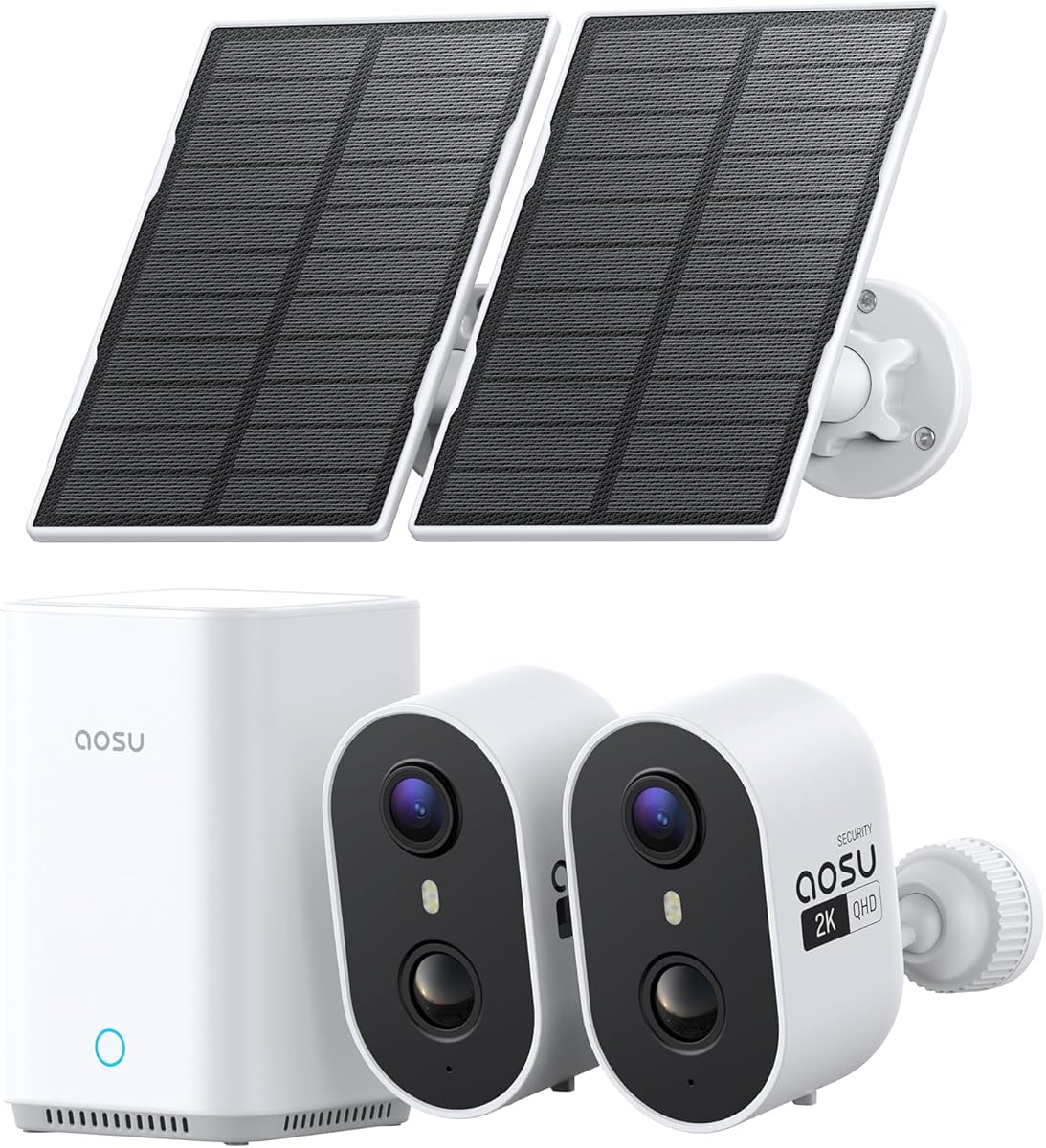 aosu 2K Überwachungskamera Aussen Akku Solar 2er-Kit mit Aosubase 2.0 ohne ABO 32GB Lokal Speicher Kabellose Kamera Überwachug Aussen PIR Bewegungssensor Licht Tonalarm 2-Wege-Audio Farb-Nachtsicht