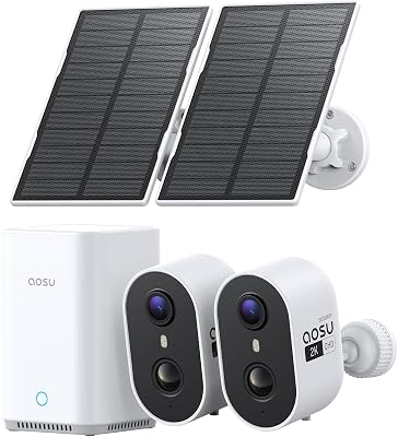 aosu 2K Überwachungskamera Aussen Akku Solar 2er-Kit mit Aosubase 2.0 Kein ABO Nötig 32GB Lokal Speicher Kamera Überwachug Aussen PIR Bewegungssensor Licht Tonalarm 2-Wege-Audio Farb-Nachtsicht
