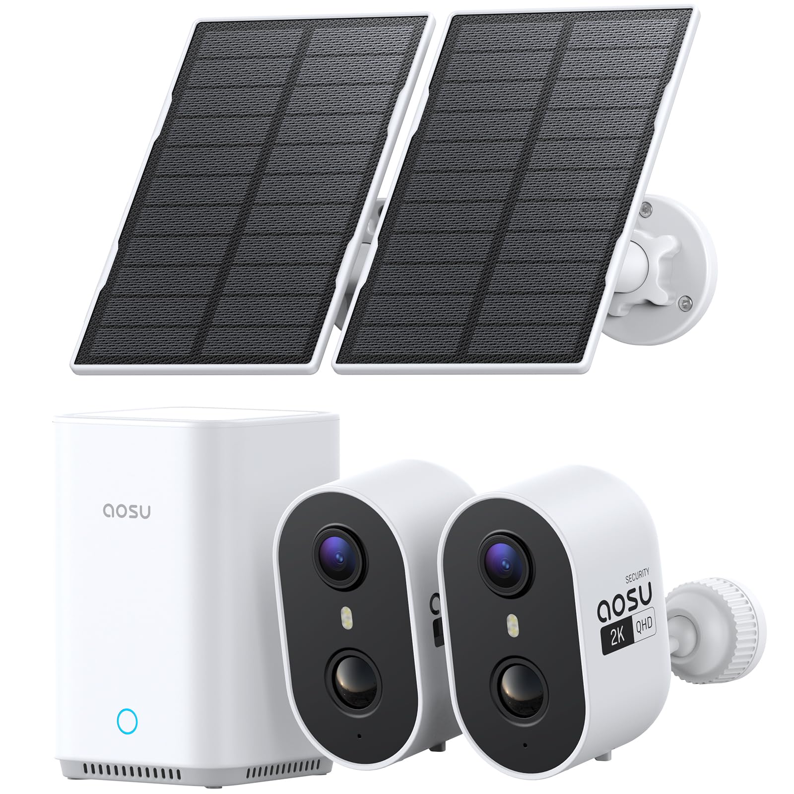 aosu 2K Überwachungskamera Aussen Akku Solar 2er-Kit mit Aosubase 2.0 ohne ABO 32GB Lokal Speicher Kabellose Kamera Überwachug Aussen PIR Bewegungssensor Licht Tonalarm 2-Wege-Audio Farb-Nachtsicht