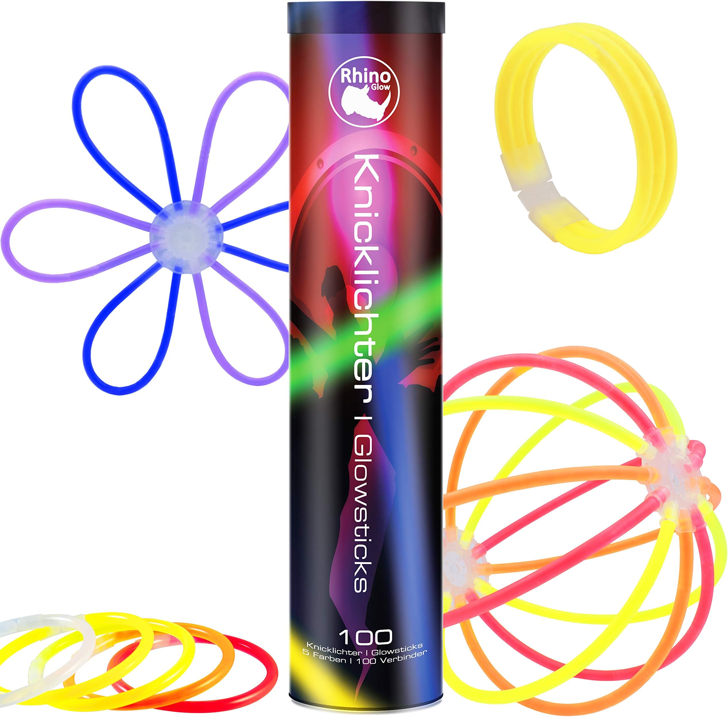 Lumare Rhino Glow Branded Glow Stick Set Including Connectors for Bracelets, Chains, Glow Sticks in Blue, Green, Red, Yellow and Orange, Colourful Party Fun for Children and Adults