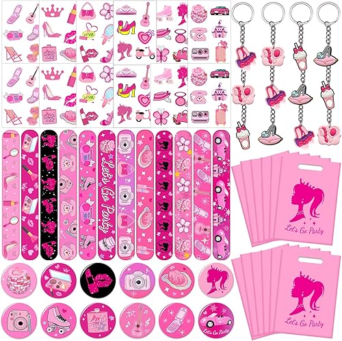 Kit de recuerdos de fiesta de princesa rosa intenso, suministros de fiesta de princesa rosa, 72 tatuajes temporales, 12 pulseras rosas para niña, 12