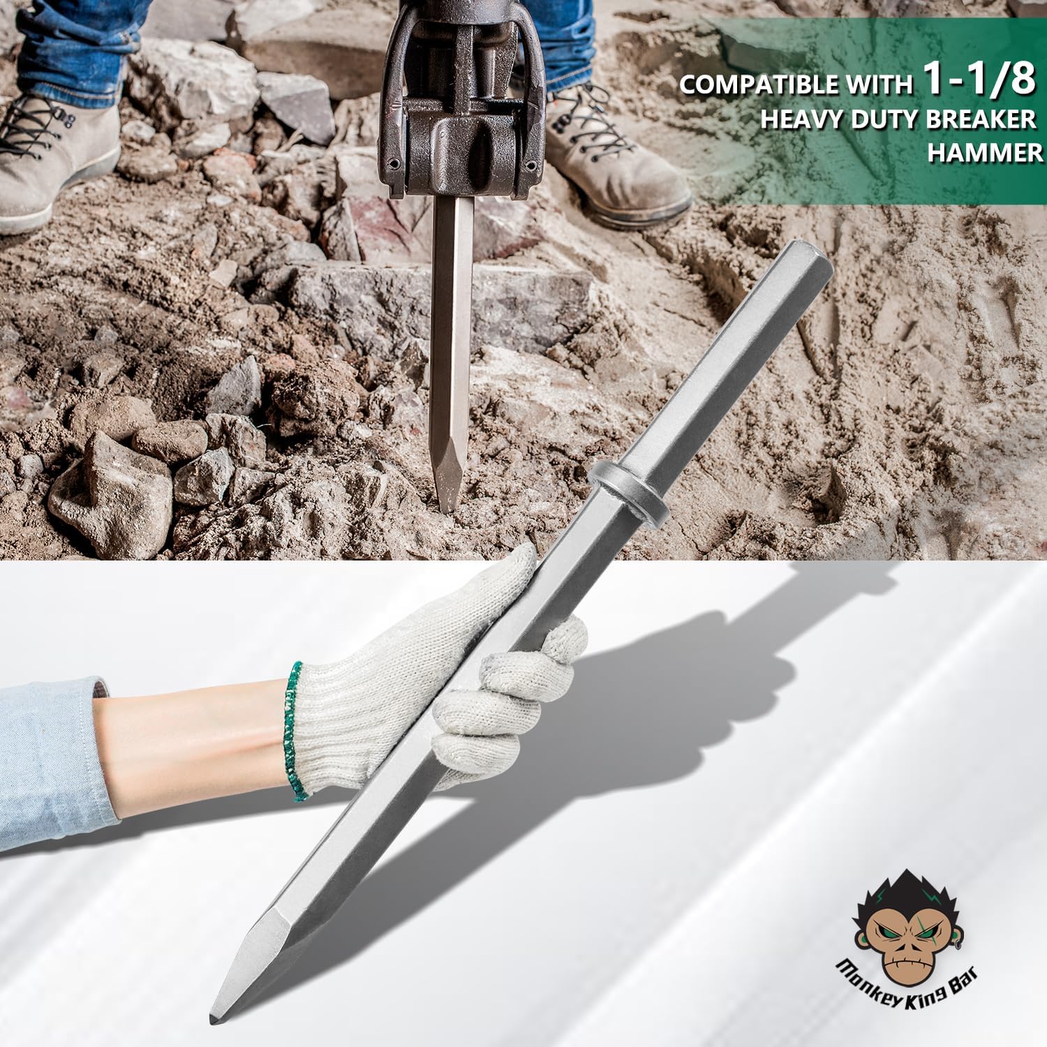 MonkeyKingBar- Long 22" Hex Chisel Bits Bull Point Chisel Bit-Round Hex Hammer & Spline Hammer Steel