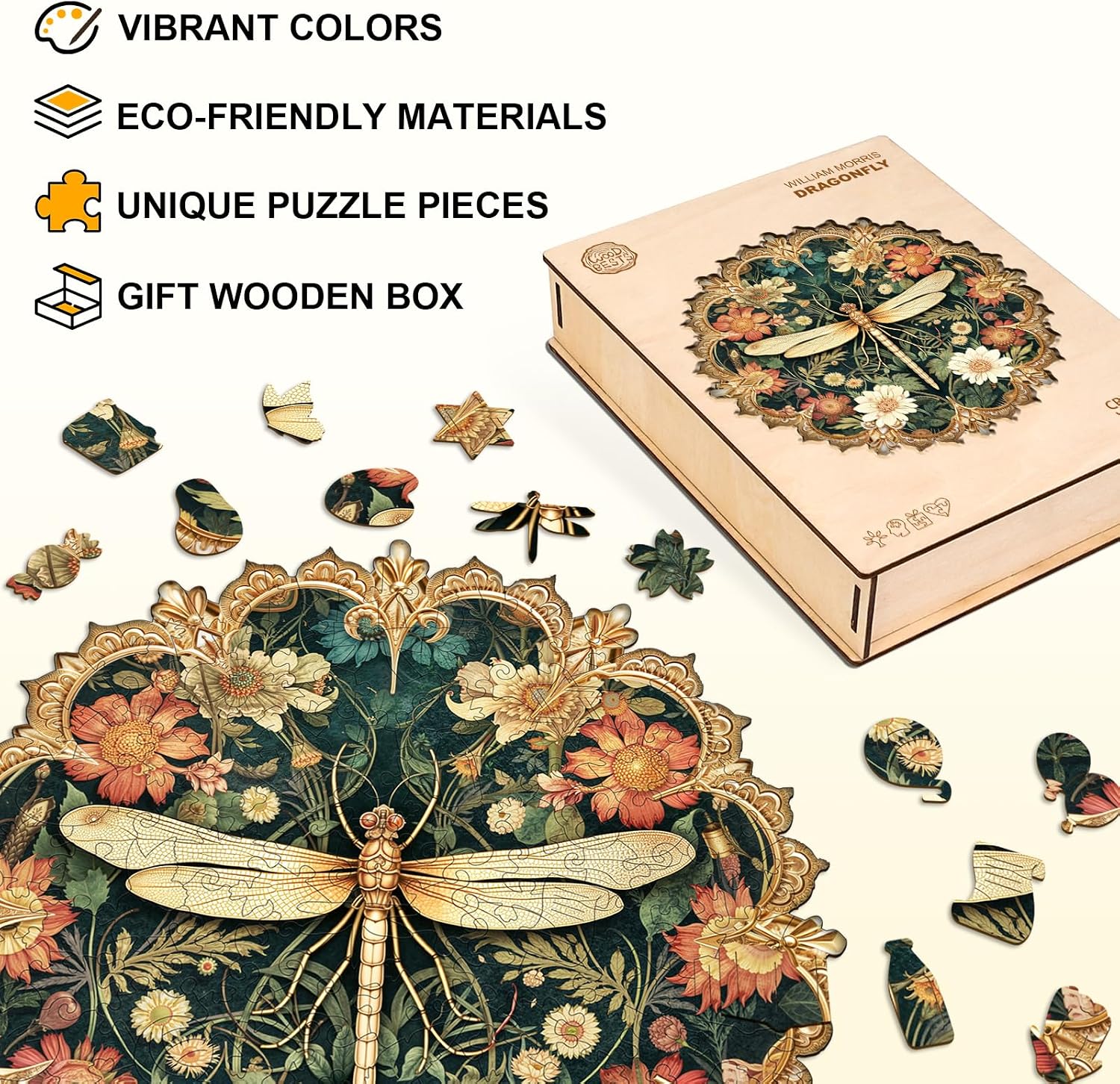 Wooden Puzzles for Adults, William Morris Dragonfly Wood Puzzles Adult, Unique Animal Shaped Wooden Jigsaw Puzzle, Birthday Gifts for Friends/Family/Puzzle Lovers, Home Decor(L-13.4 * 13.4in 255pcs)