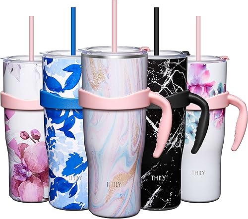 THILY Vaso de acero inoxidable aislado al vacío de 40 onzas, taza de viaje para café con asa y tapa, a prueba de sudor, mantiene las bebidas frías