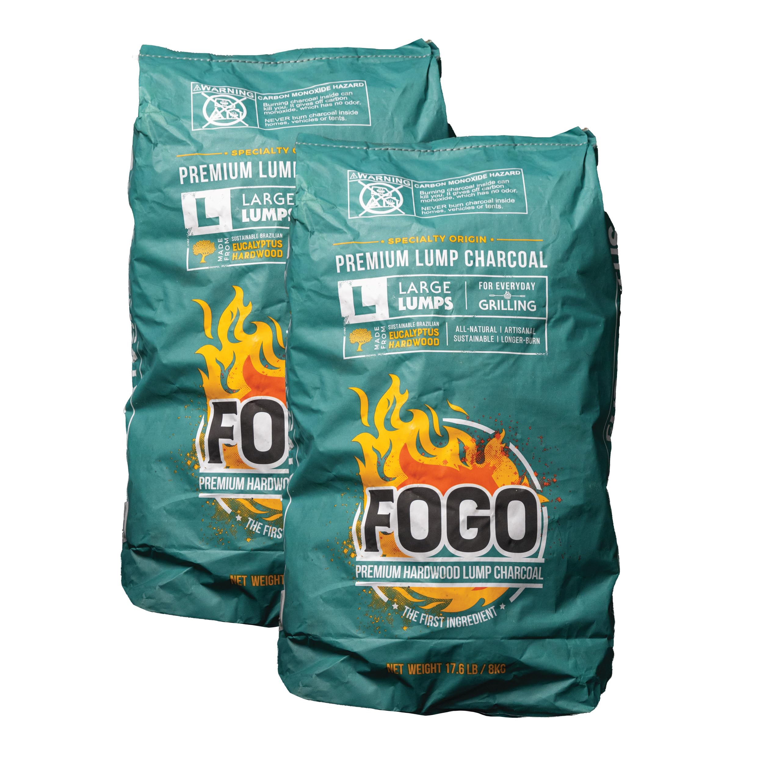 FOGO Brazilian Blend Hardwood Lump Charcoal, Natural, Large Sized Lump Charcoal for Grilling and Smoking, Restaurant Quality, 17.6 Pound Bag, 2-Pack