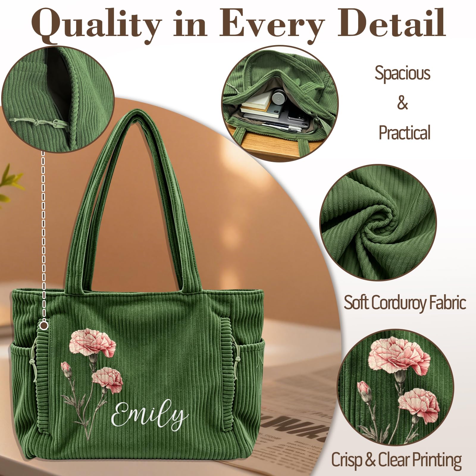 Bolsa de mano de pana personalizada para mujer, bolsa de hombro con cremallera de gran capacidad y bolsillos laterales