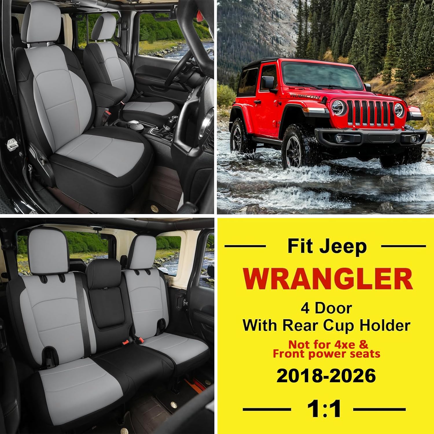 GIANT PANDA Neoprene Seat Covers for Jeep Wrangler JL 4-Door (2018-2026), Neoprene Waterproof Seat Covers W Armrest Cover, Foam Padded for Full Set (Black&Gray)