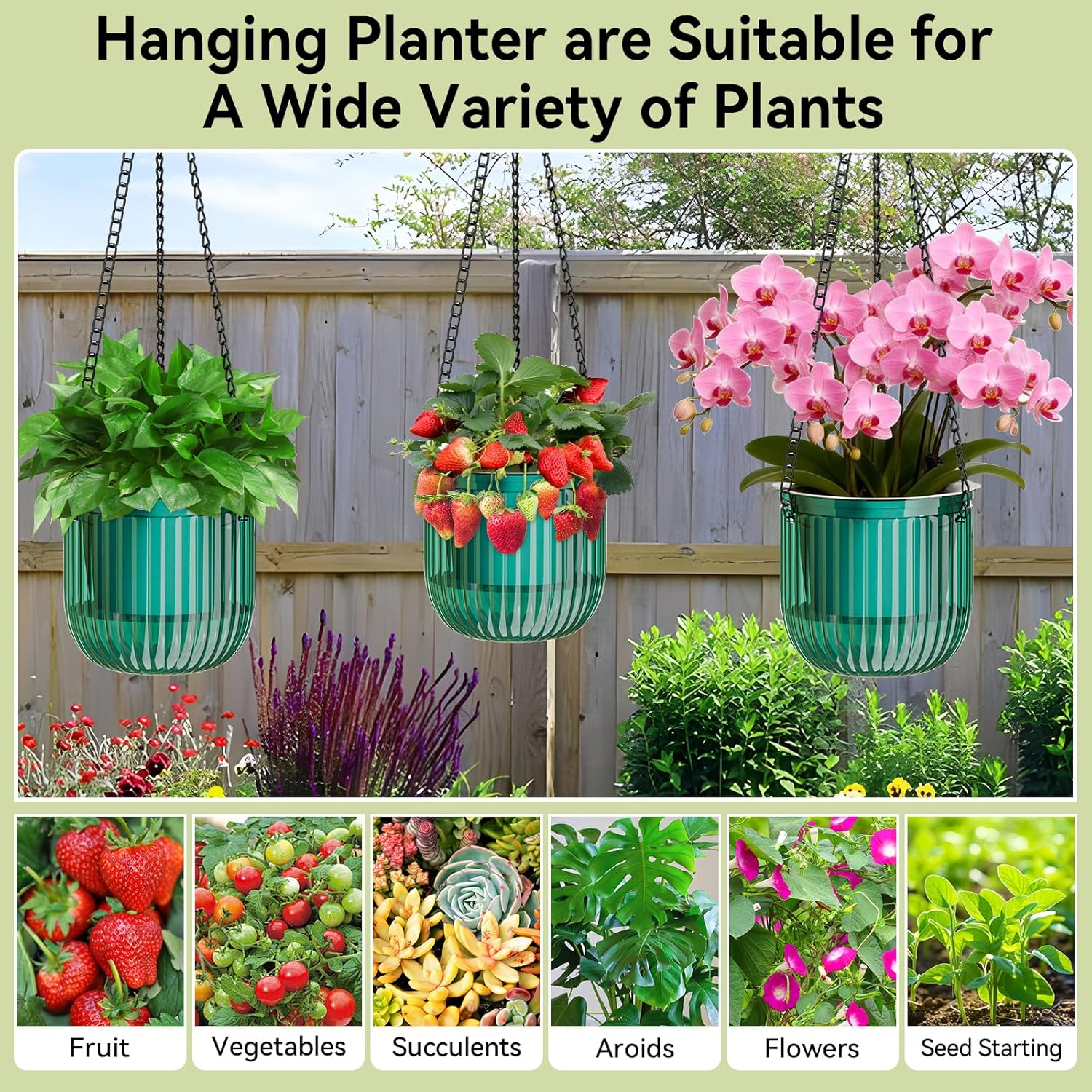 ZeeDix 3 Pack-6.5 Inch Hanging Planters for Indoor Plants, Self Watering Hanging Plant Pots with 3 Hooks and Drainage for Home, Wall, Window Decor Outdoor Use (Green, 6.5 inch)