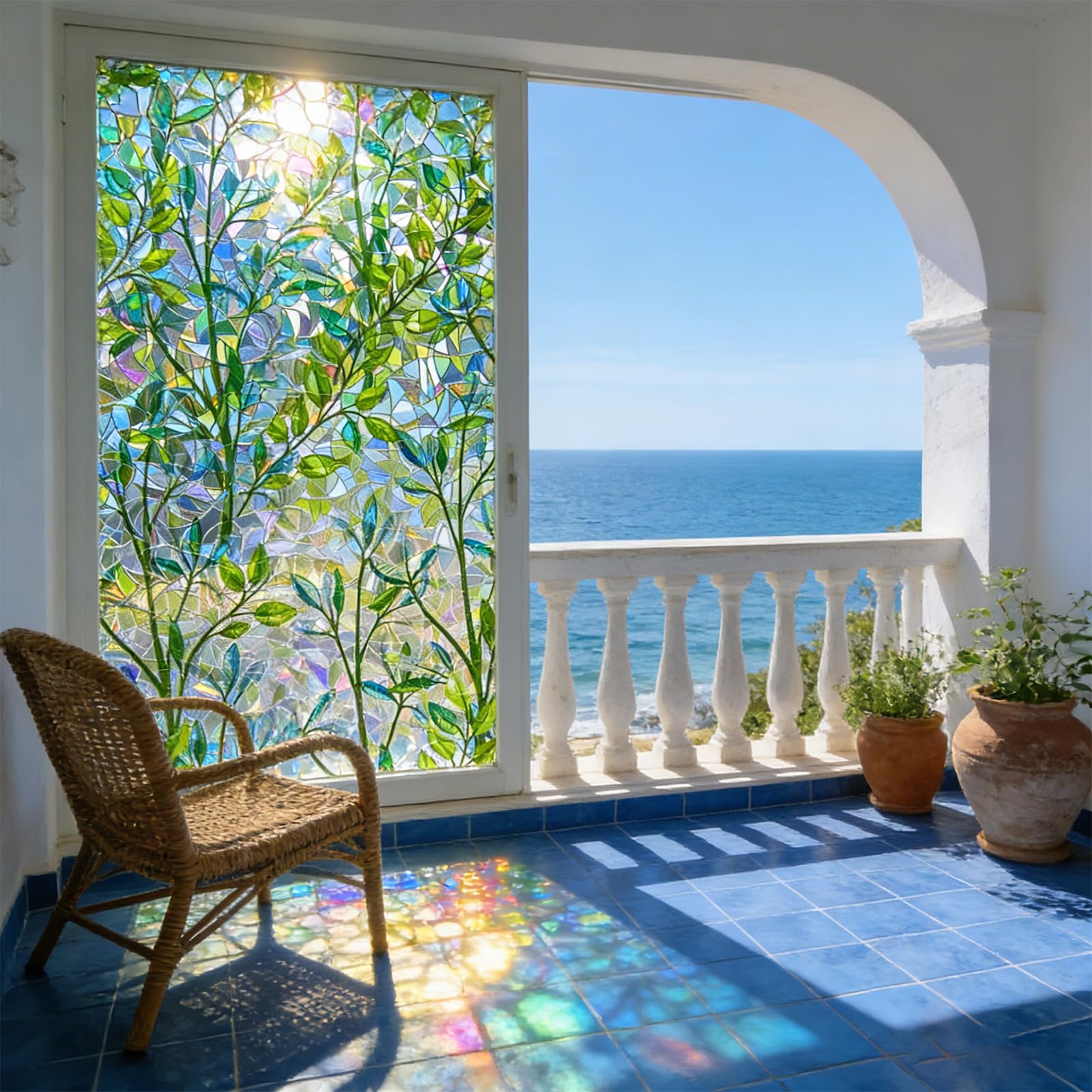Fensterfolie Blickdicht 80 x 180 cm Selbstklebend, Hitzeschutz, Anti Uv, Sonnenschutz, Wiederverwendbar, Ohne Klebstoff Thermofolie Fenster Gegen Hitze für Zuhause, Blätter