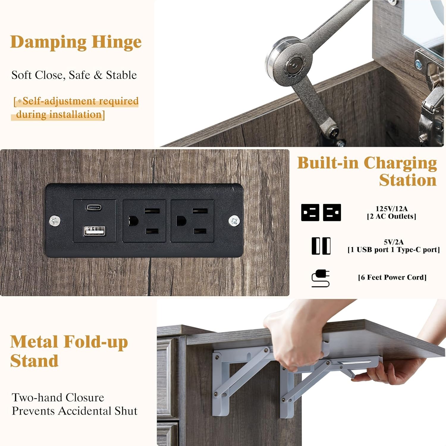 3-in-1 Vanity Set with LED Lighted Flip Top Mirror, Makeup Table with Fold-Up Panel, Hidden Stool, Charging Station, Small Vanity for Bedroom & Dressing Room, Rustic Grey