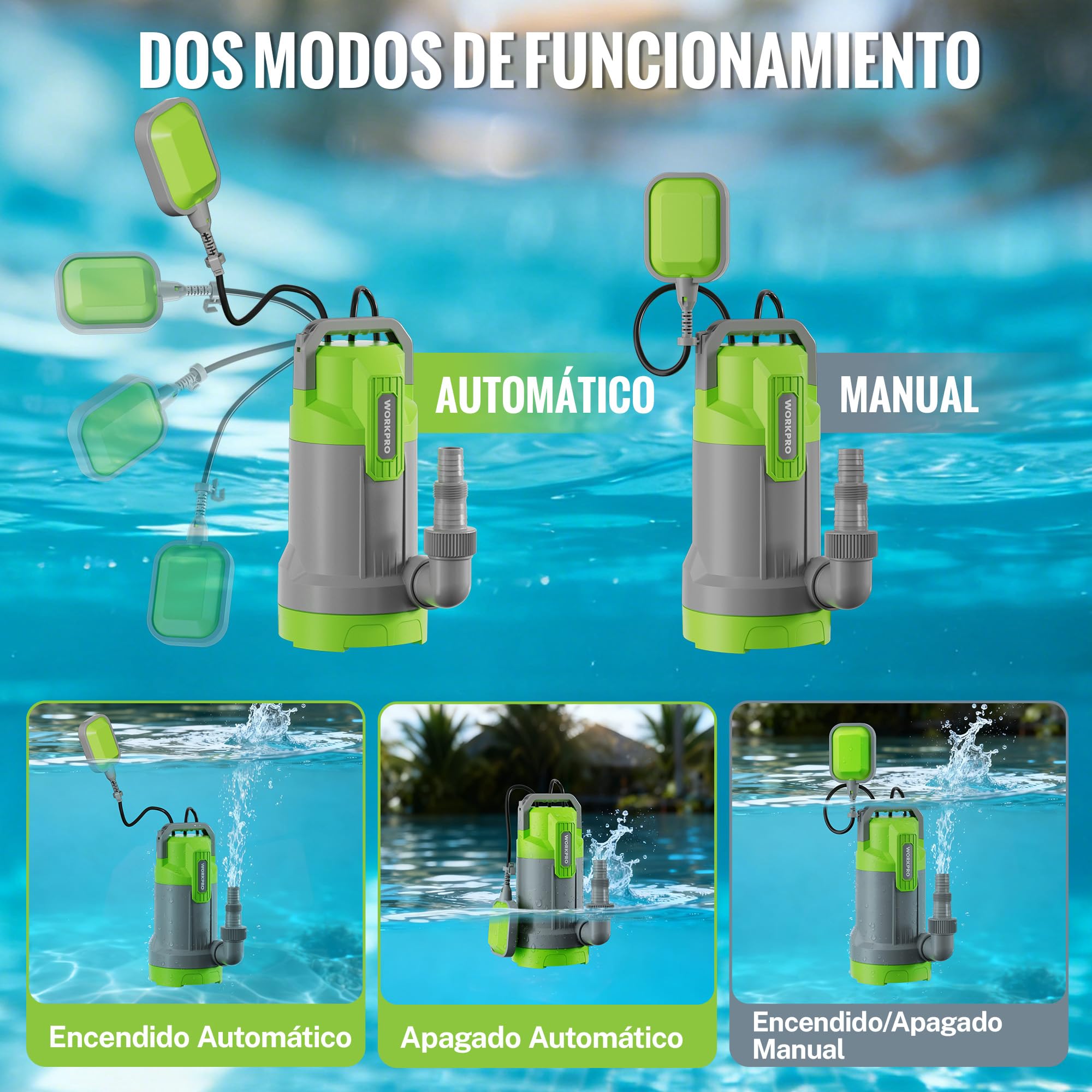 WORKPRO Bomba Sumergible Aguas Sucias 700 W Caudal 17000 L/h Profundidad 7 m Drenaje