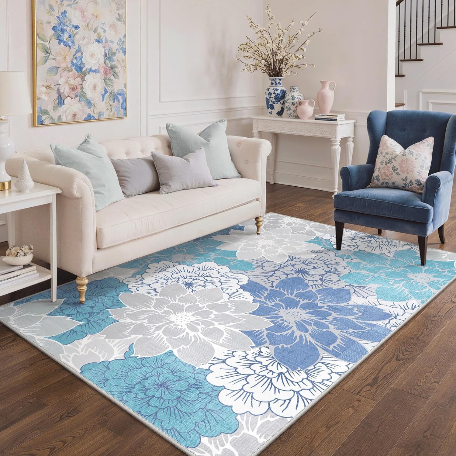 GENIMO Indoor Outdoor Area Rug 5'x8', Machine Washable Rugs for Patio, Waterproof, Non-Slip Easy Cleaning Floral Outdoor Mat Carpet for Living Room, Bedroom, RV, Balcony, Deck, Camping, Light Blue