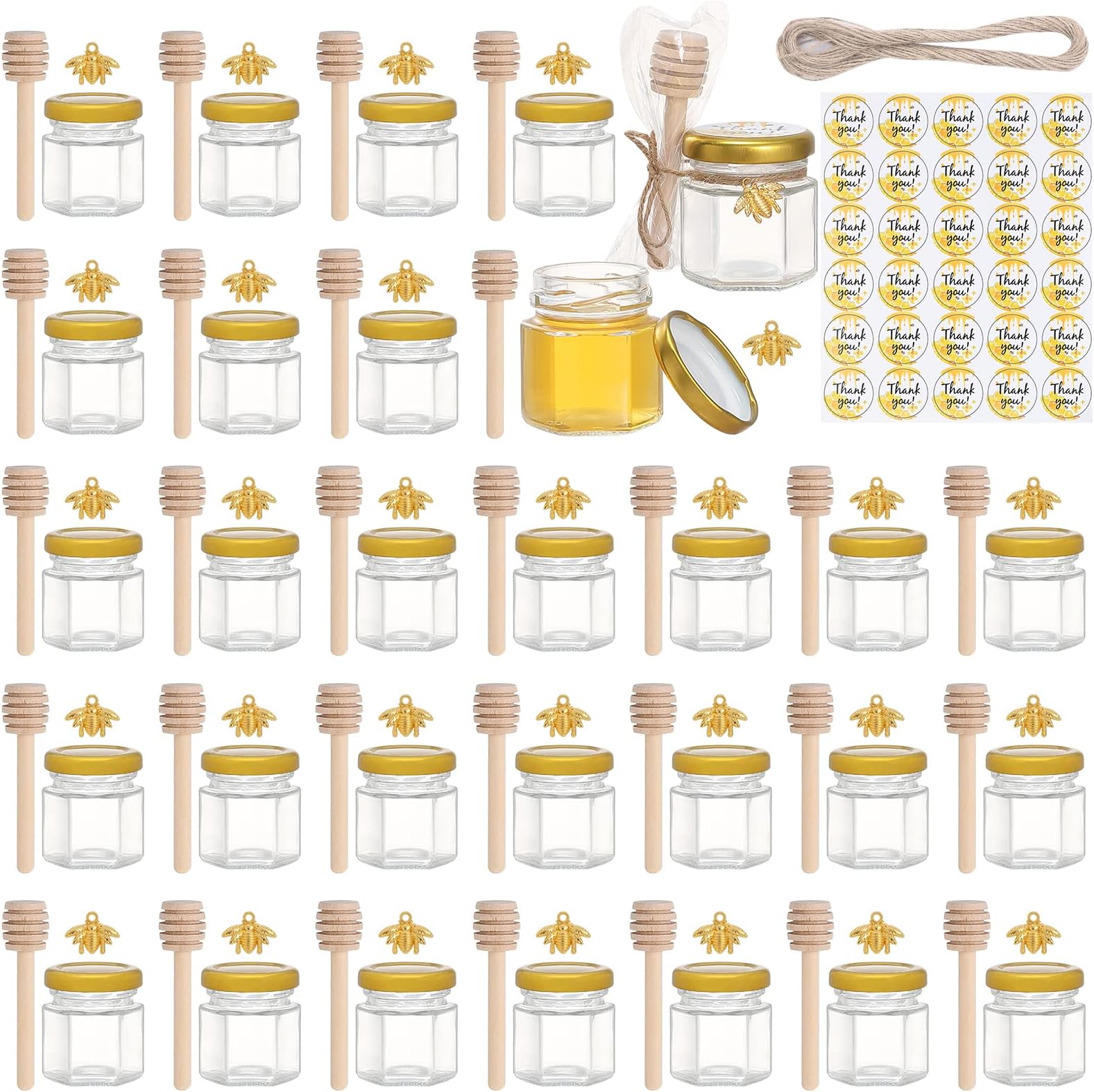 VEIDIA 30 Pack Mini 1.5 oz Glass Honey Jars with Gold Lids,Wooden Dippers,Bee Charms,Jutes,Stickers, for Baby Shower,Tiny Honey Pot for Wedding Party Favors