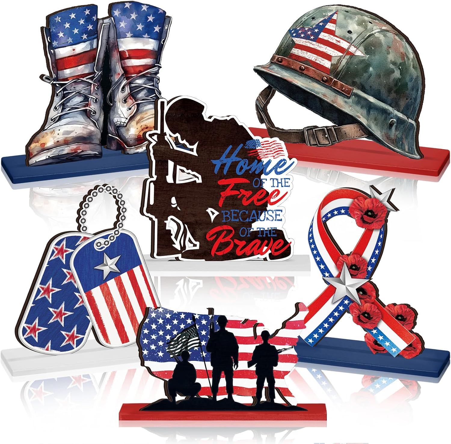 6 Pieces Memorial Day Decorations Patriotic Table Decor Wooden American Flags Soldiers Star 4th of July Decorations for Independence Day Veterans Table Topper Decor Supplies