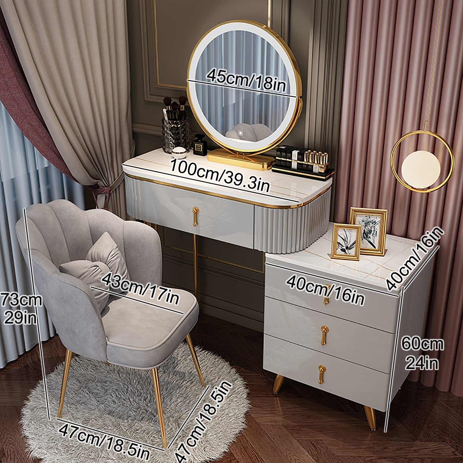 Coiffeuse avec Miroir LED et Rangement, Petite Table de Maquillage avec Commode et Tabouret/Chaise, pour Chambre À Coucher Blanc et Beige, 50/60/80 cm (Color : Cushioned Chair A, Size : L-60cm Coiffeuse avec Miroir LED et Rangement, Petite Table de Maquillage avec Commode et Tabouret/Chaise, pour Chambre À Coucher Blanc et Beige, 50/60/80 cm (Color : Cushioned Chair A, Size : L-60cm