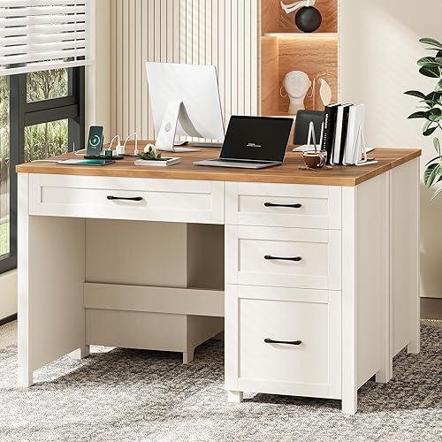 Miniatura 6 de Vabches Farmhouse - Escritorio ejecutivo de 47 pulgadas, escritorio para computadora con cajón de archivos y estación de carga, estación de trabajo