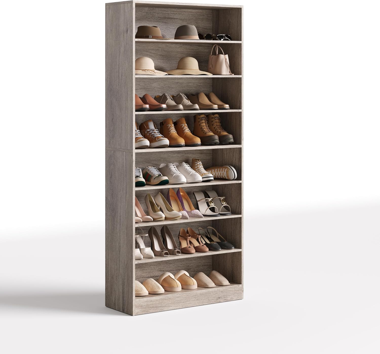 LITTLE TREE 9 Tiers Tall Shoe Cabinet with Open Storage Shelf for Entryway,40-45 Pairs Wood Freestanding Shoes Storage Cabinets,Beige Gray