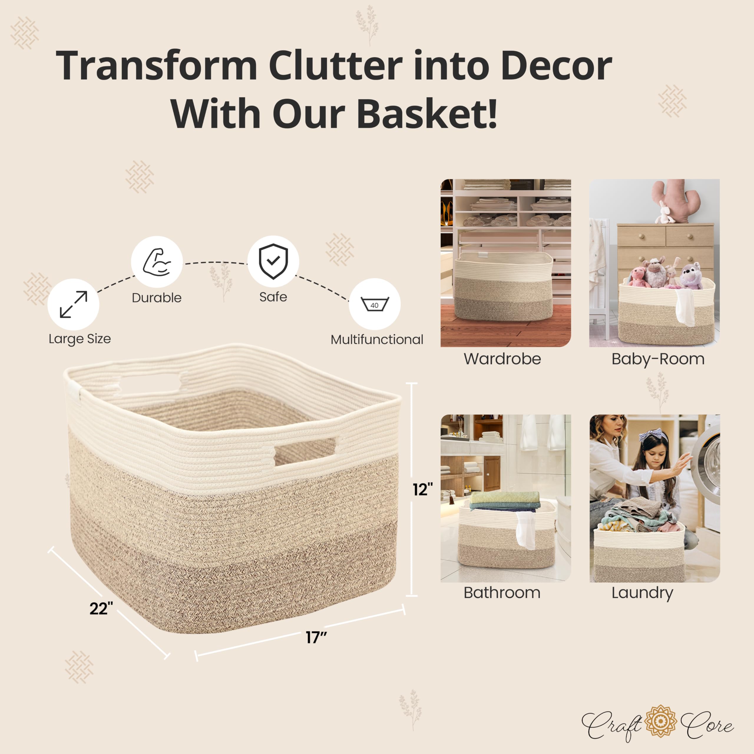 Craft Core Large Cotton Rope Storage Basket with Handles 22