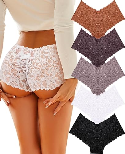 ALL OF SHE Sexy Underwear Panties for Women Cheeky V Waist Lace Boyshorts Lingerie Plus Size Underwear Gift Wife Women 5 Pack - 5 Pack-black*1 White*1 Mocca Grey*1 Brick Yellow*1khaki*1 - 3X-Large