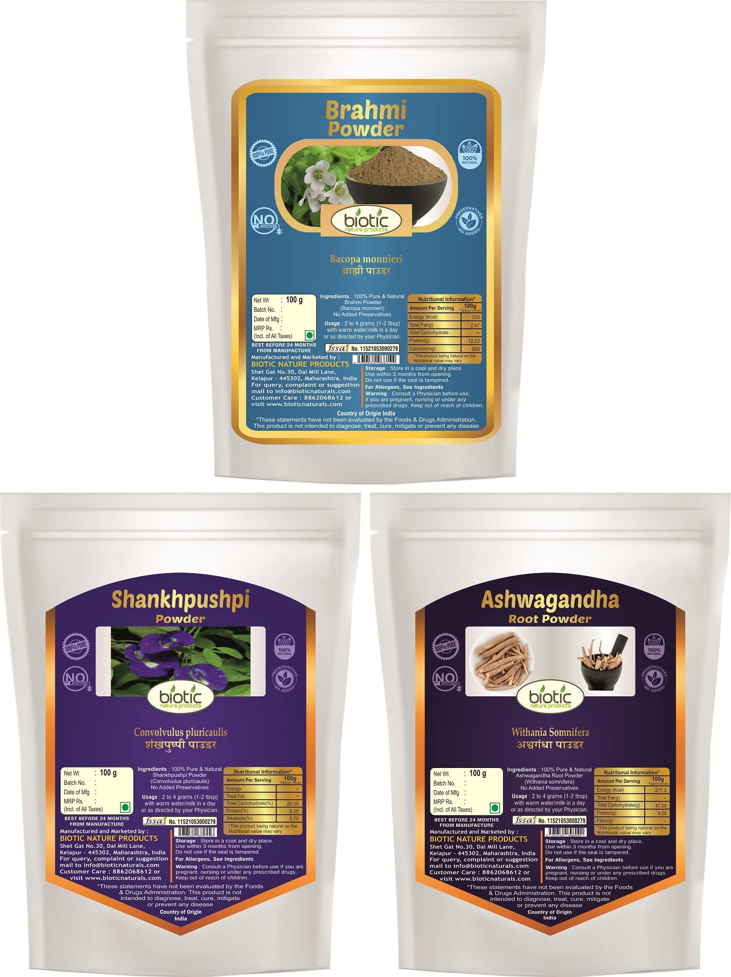 Biotic Natural Shankhpushpi, Brahmi and Ashwagandha Powder - 300g (100g each) (B07VZM5B9B) Amazon Price History, Amazon Price Tracker